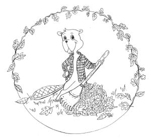 Illustration of a beaver raking leaves